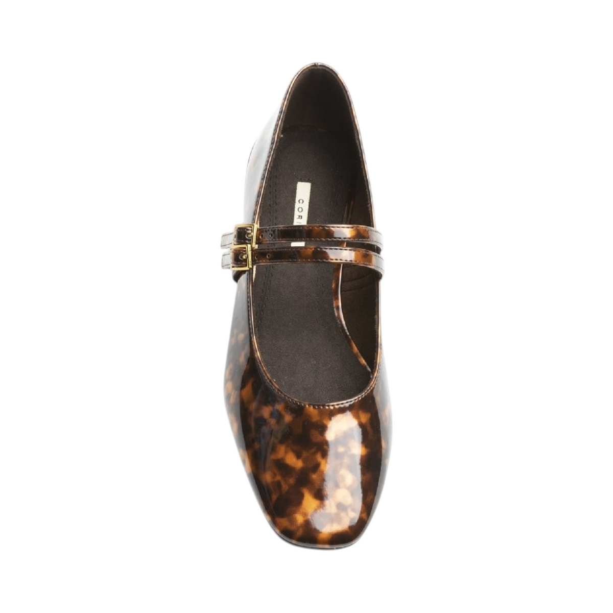 Mercedita SALVIA de La Mariposa, variante animal print, con doble tira, hebillas y tacón bajo. Vista superior.