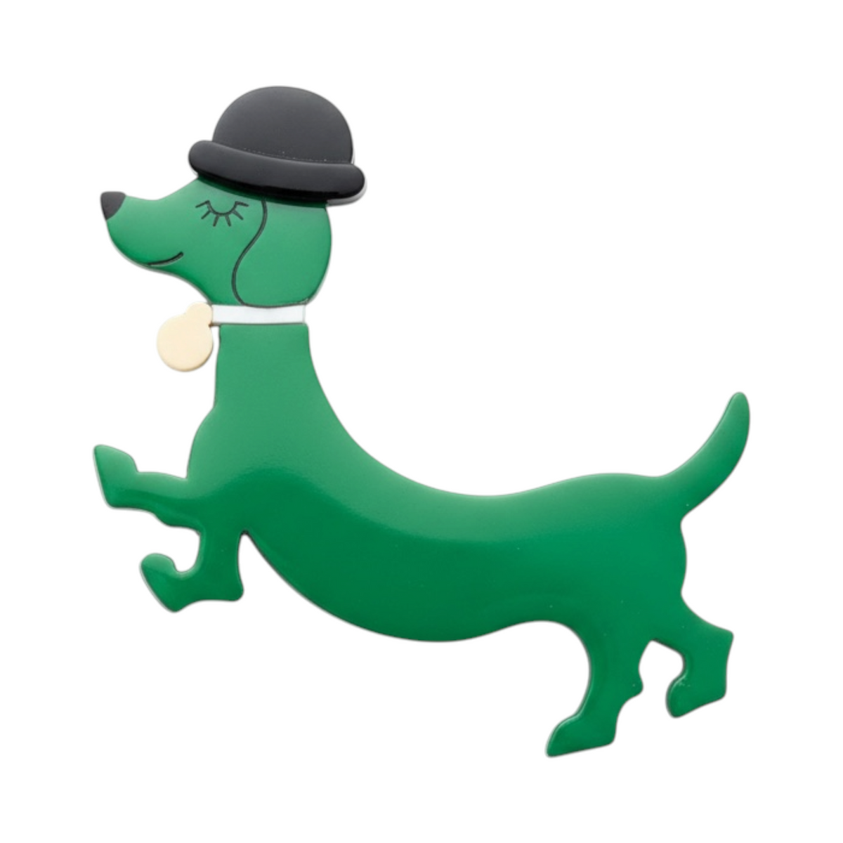 Broche SAMMY de La Mariposa, color verde, con forma de perro y sombrero negro. Vista lateral.