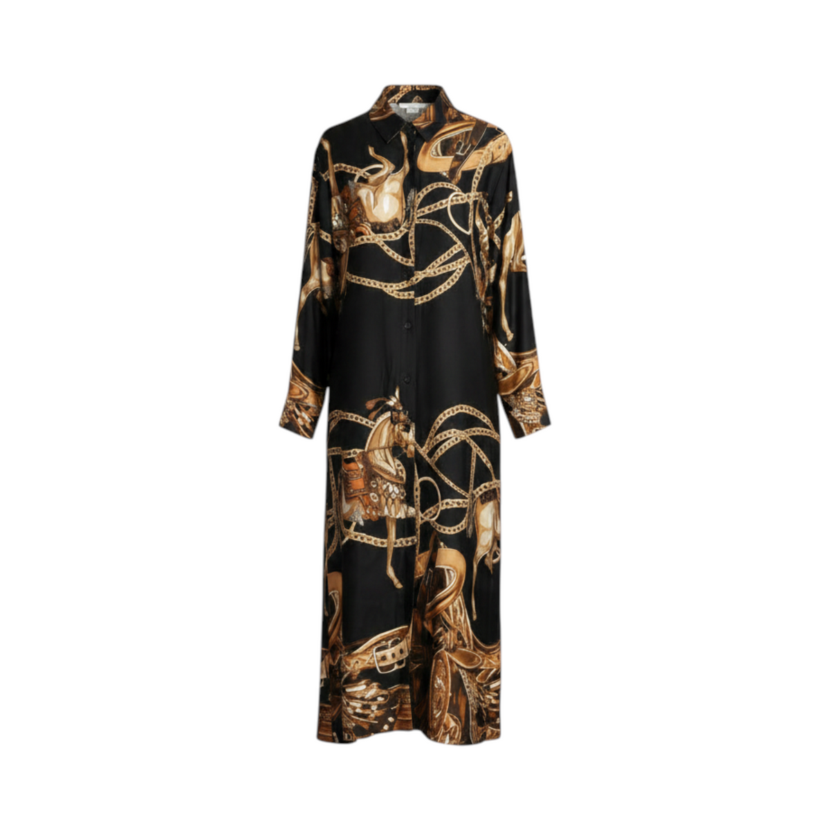 Vestido camisero con estampado de cadenas SASSARI de La Mariposa, color Negro y dorado. Vista delantera.