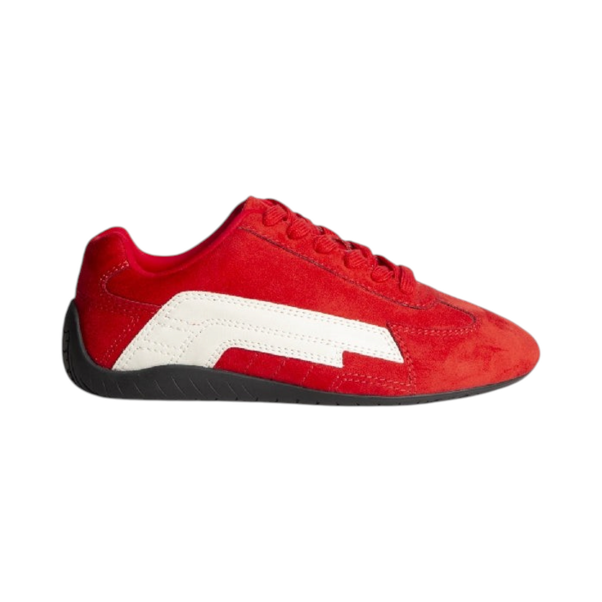 Zapatilla SEDUM de La Mariposa, color rojo, con cordones y detalle lateral blanco. Vista lateral.
