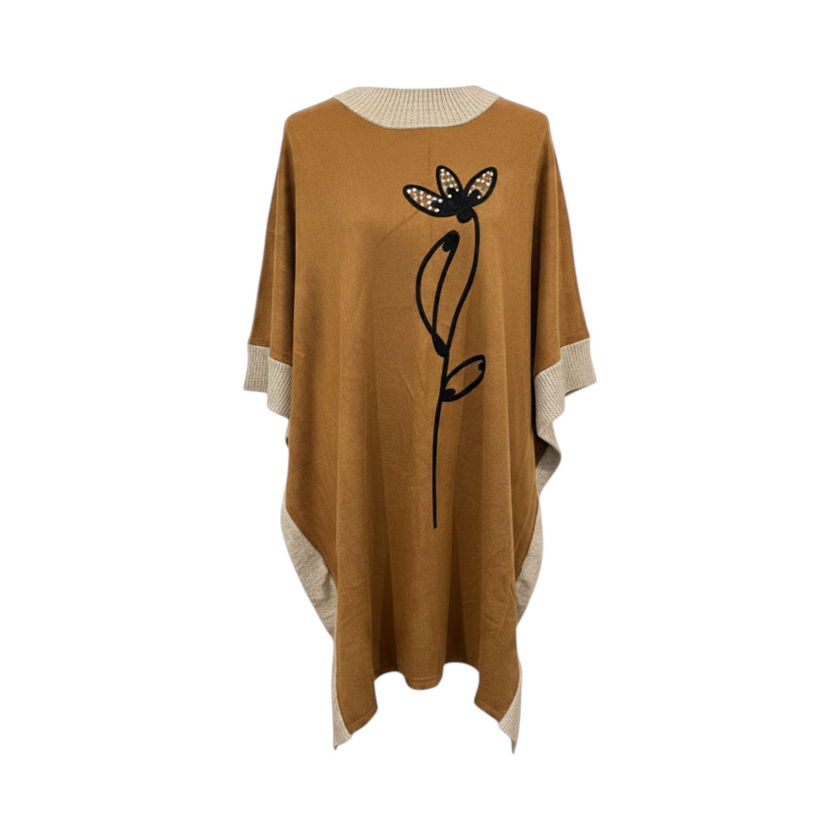 Vestido de punto con cuello alto y flor SONDRIO de La Mariposa, color Camel y beige. Vista delantera.