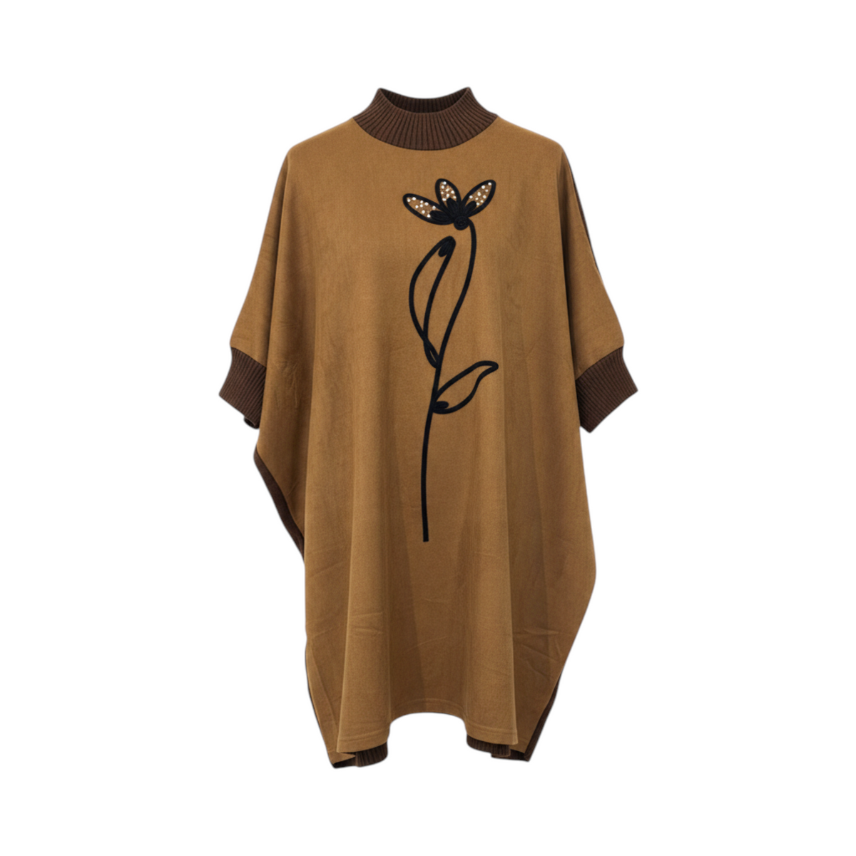 Vestido de punto con cuello alto y flor SONDRIO de La Mariposa, color Camel y negro. Vista delantera.