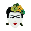 Broche TOKYO de La Mariposa, color verde, con rostro de mujer y tocado de flores. Vista frontal.