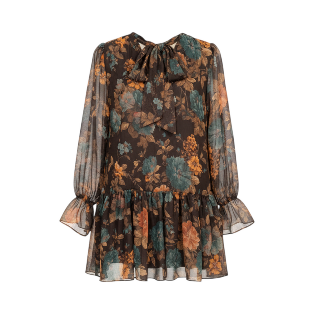 Blusa floral con lazada y volante URBINO de La Mariposa, color Floral azul. Vista delantera.