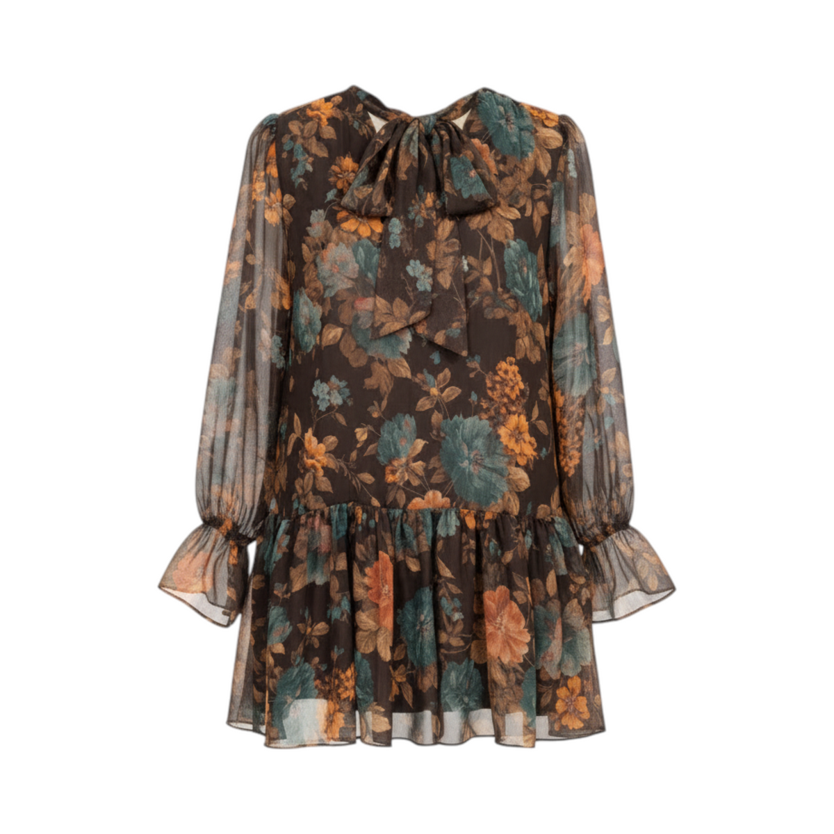 Blusa floral con lazada y volante URBINO de La Mariposa, color Floral azul. Vista delantera.