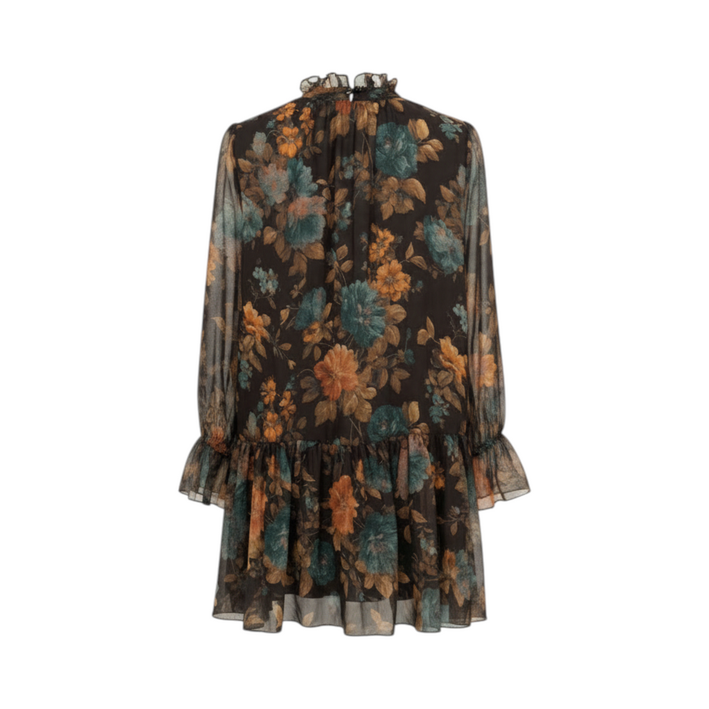 Blusa floral con lazada y volante URBINO de La Mariposa, color Floral azul. Vista trasera.