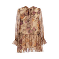 Blusa floral con lazada y volante URBINO de La Mariposa, color Floral beige y rosa. Vista delantera.