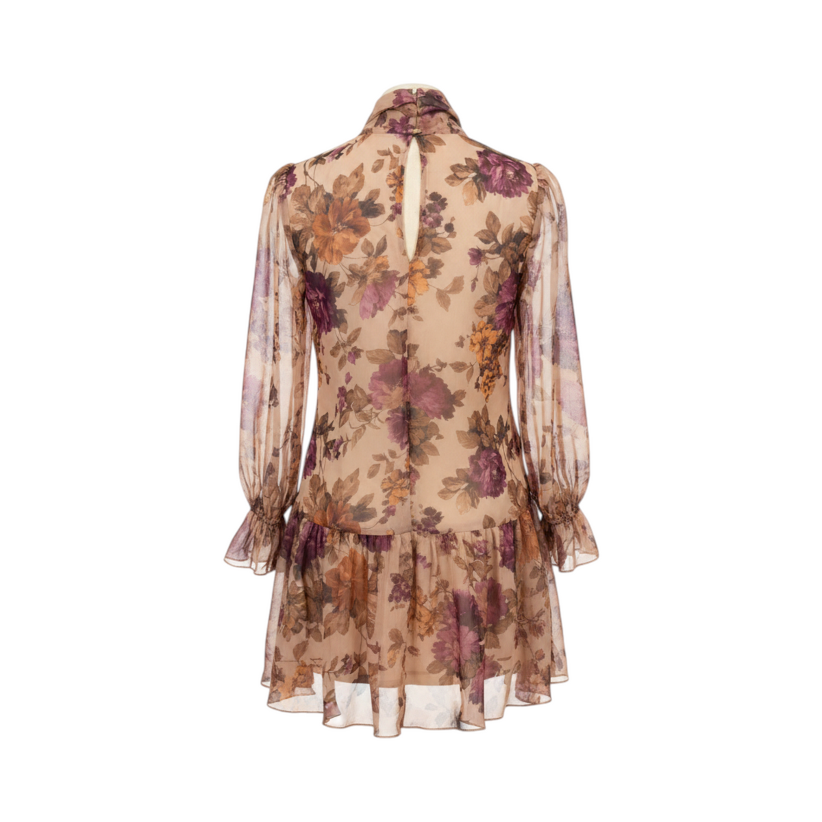 Blusa floral con lazada y volante URBINO de La Mariposa, color Floral beige y rosa. Vista trasera.