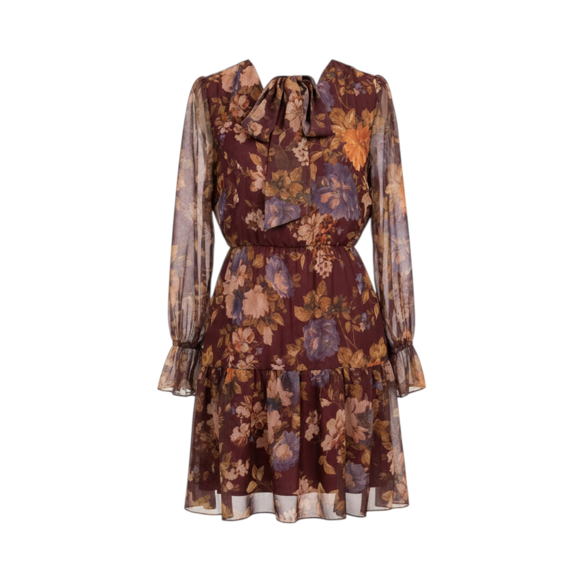 Blusa floral con lazada y volante URBINO de La Mariposa, color Floral burdeos. Vista delantera.