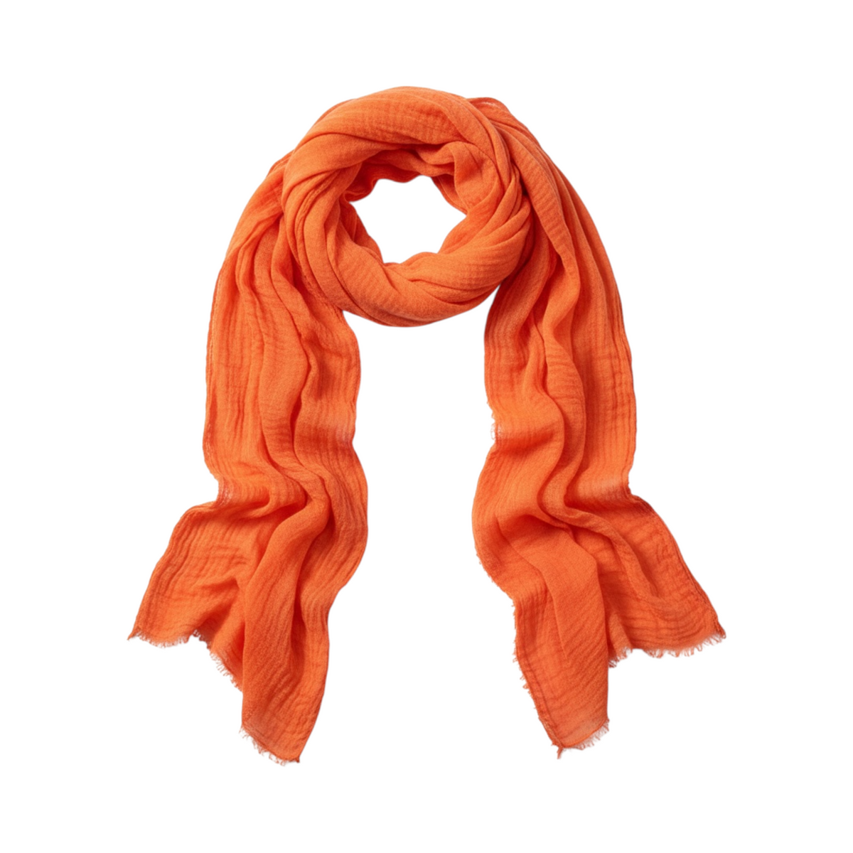 Fular VELETA de La Mariposa, color naranja, con extremos de flecos cortos. Vista frontal.