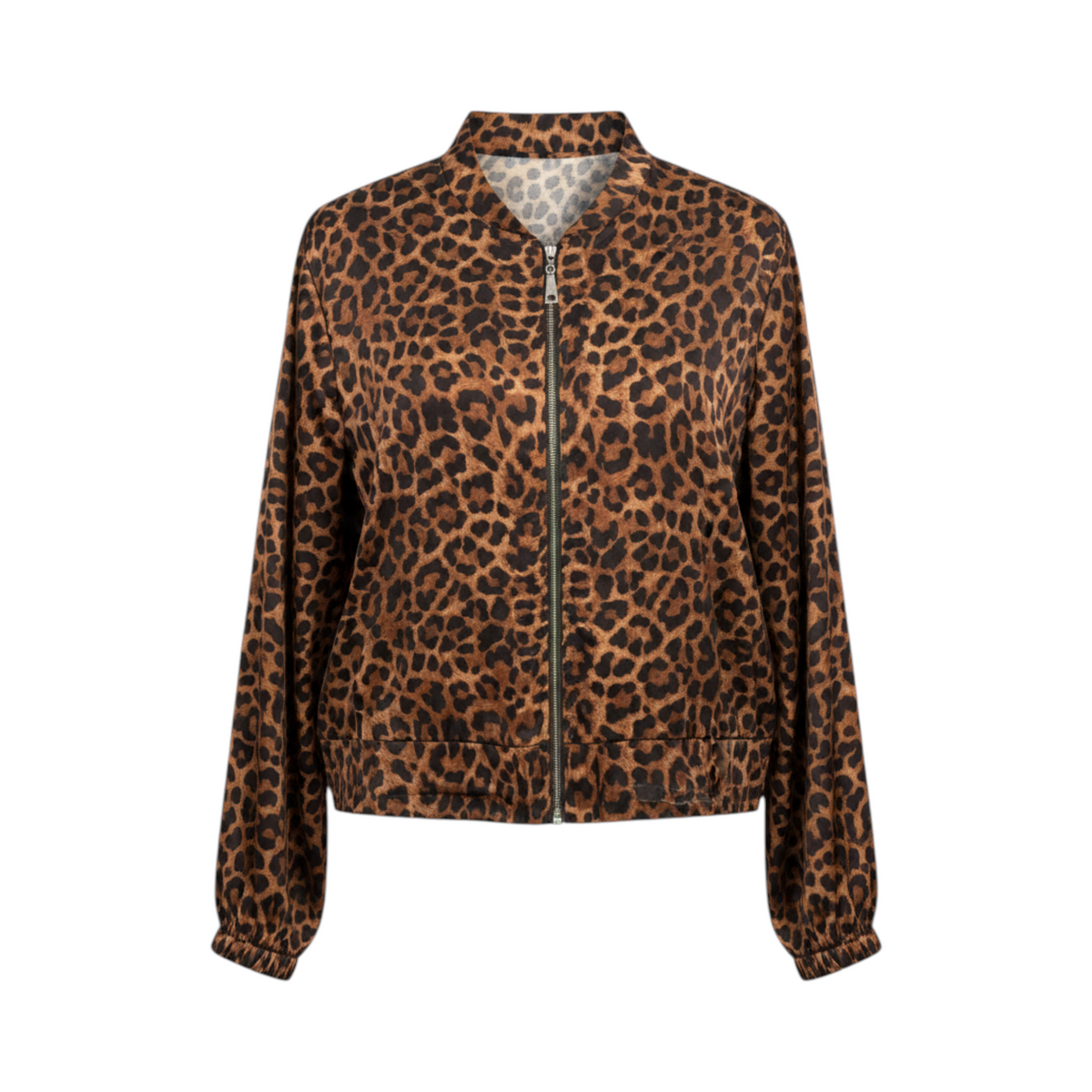 Chaqueta de leopardo con cremallera VITERBO de La Mariposa, color Leopardo marrón. Vista delantera.